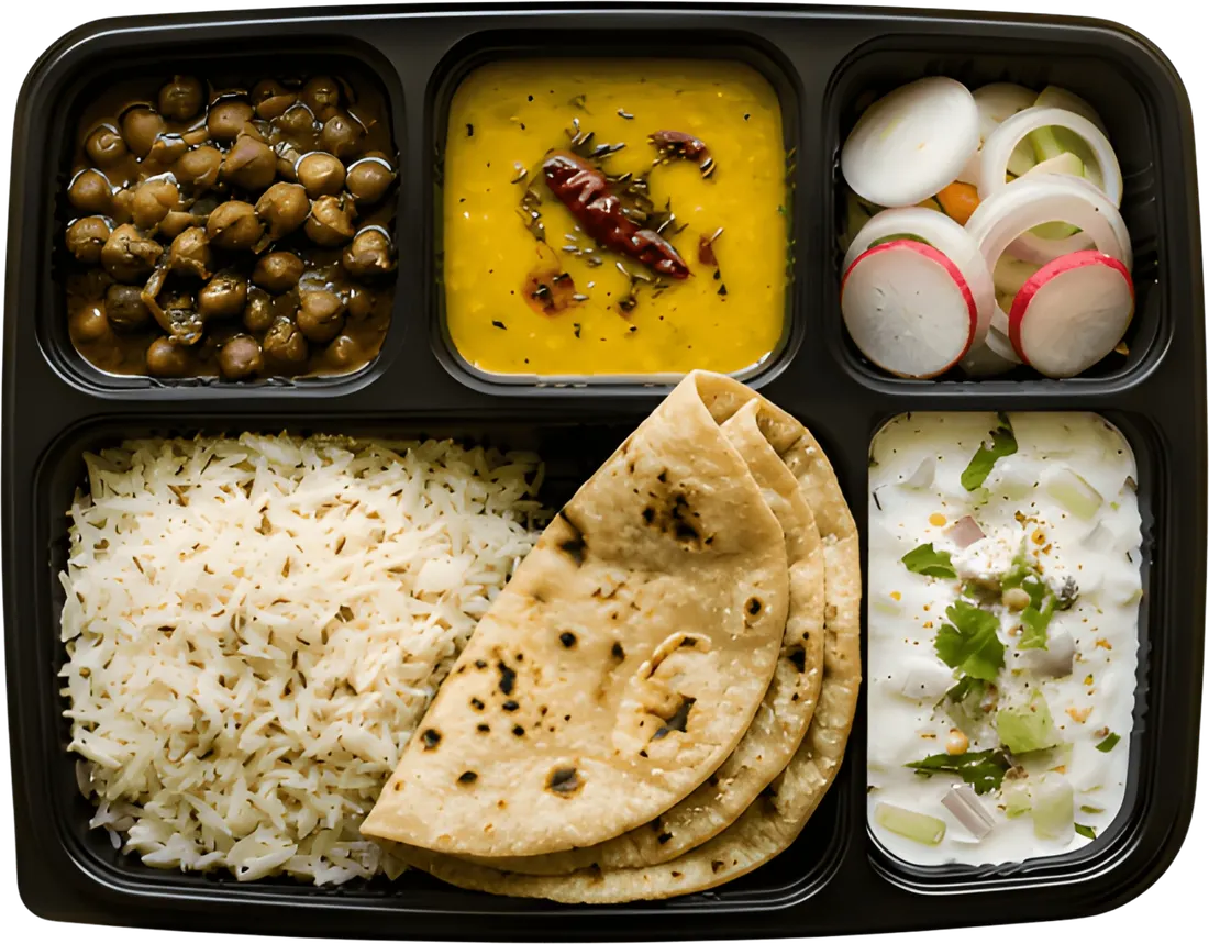 Daily Veg Thali — dal, sabzi, roti, rice, salad and raita